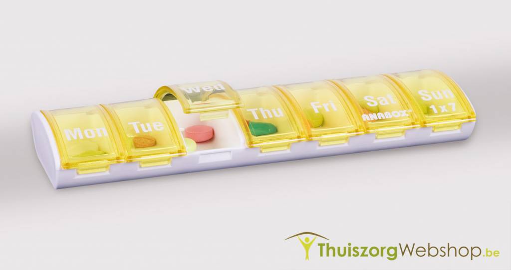 Pill box for 1 week, 1 compartment per day