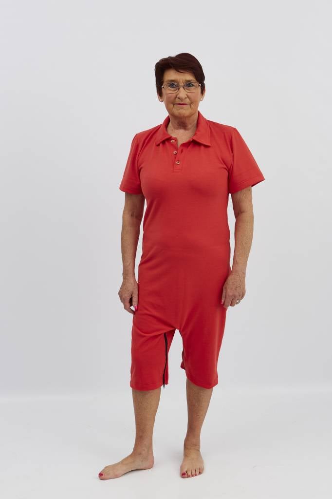 Red polo in 1 piece with zipper between the legs