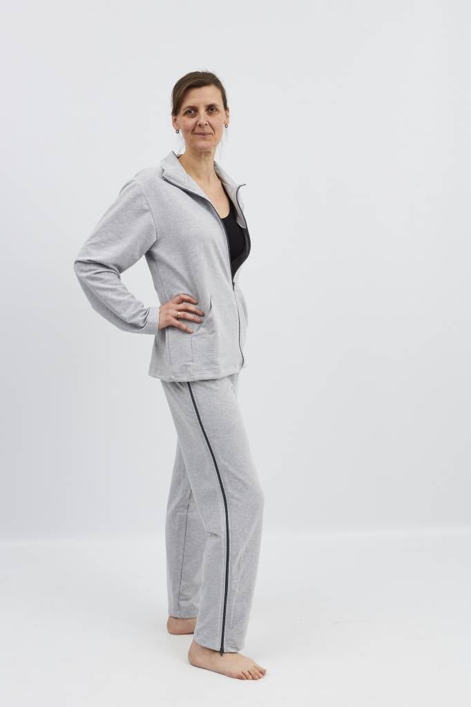 Gray rehabilitation pants with zip fastening at the side seams