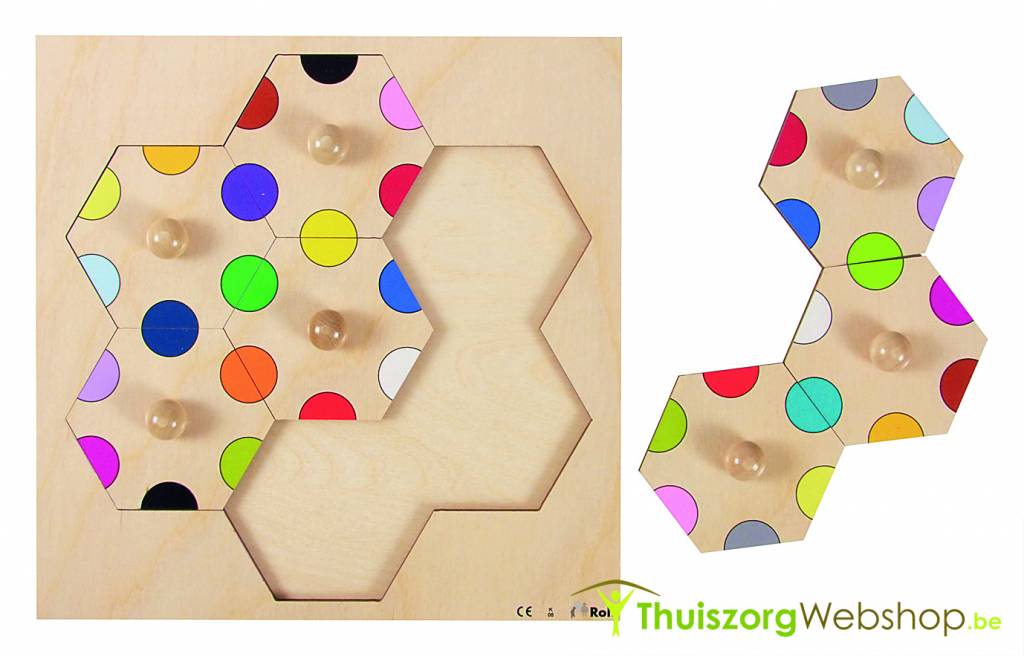 Wabenförmiges Intarsienpuzzle mit farbigen Kreisen