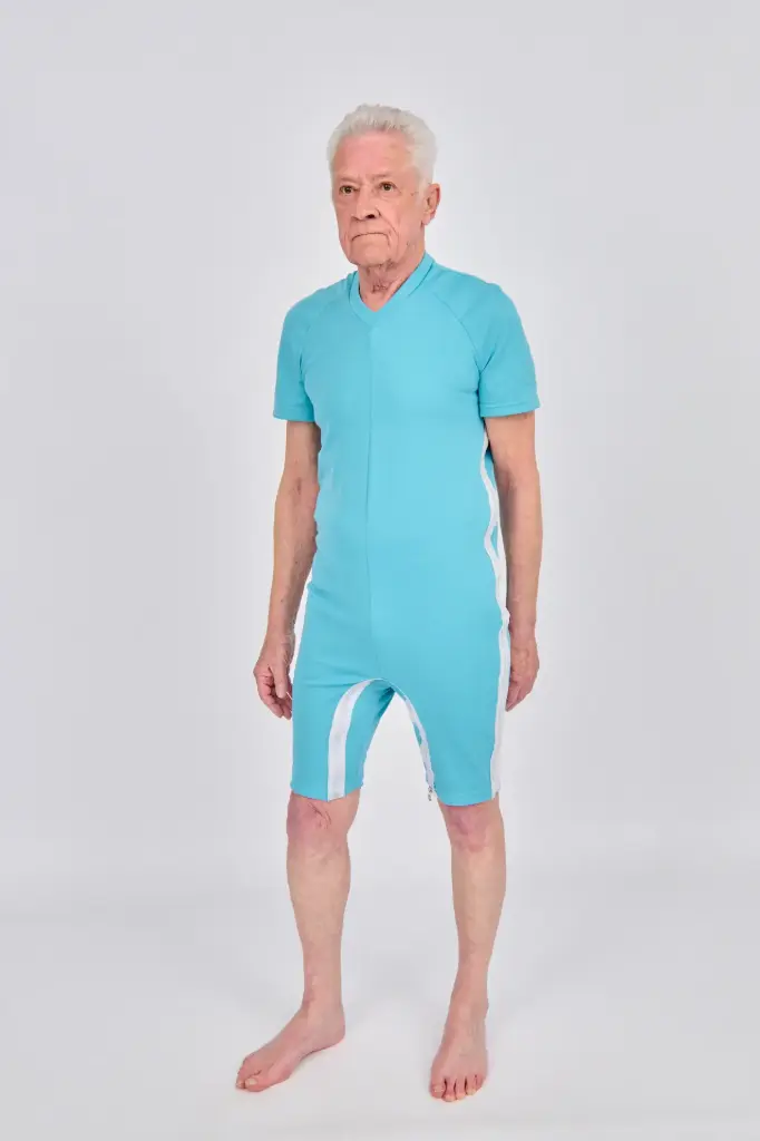 Blue body with zip fastening via the shoulder to the side seam