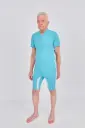 Blauwe body met ritssluiting via de schouder naar de zijnaad