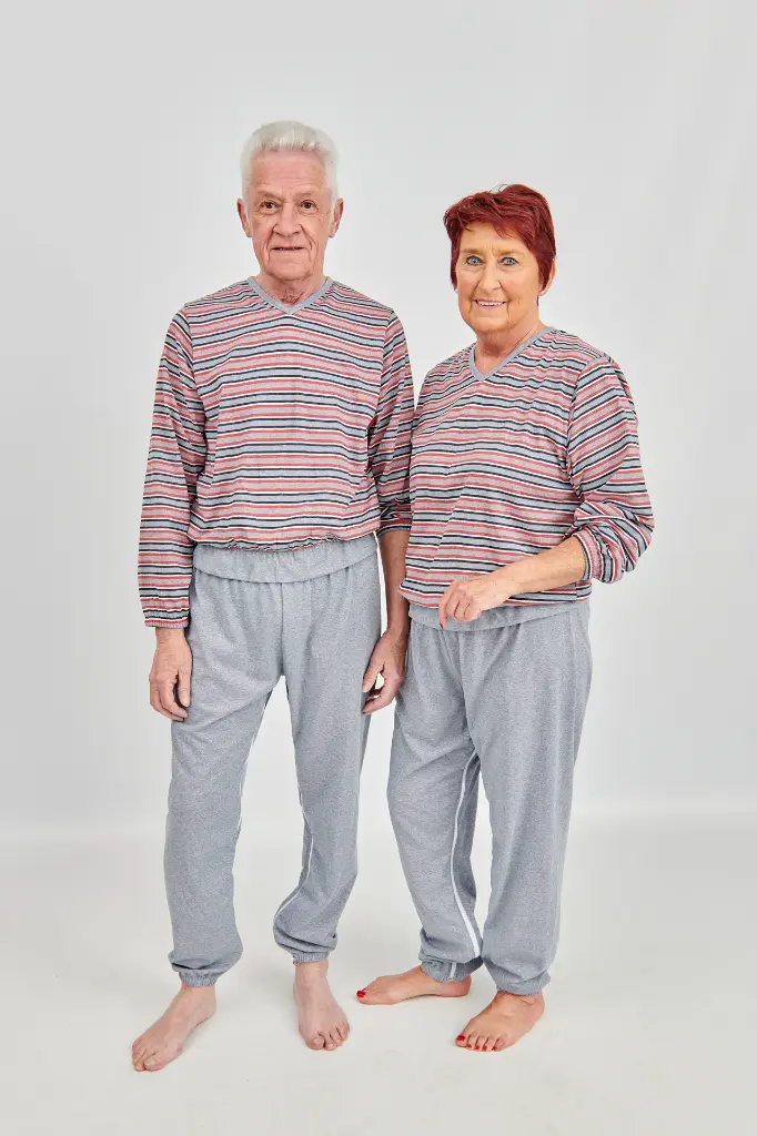 Sleepwear with zipper at the back and between the legs, striped top with plain pants