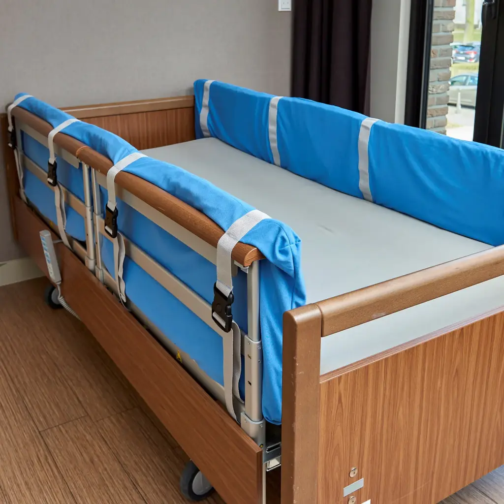 Bed rail protector with fire-retardant foam filling, polyurethane cover