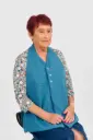 Coated scarf-shaped bib with snap fastener at the front