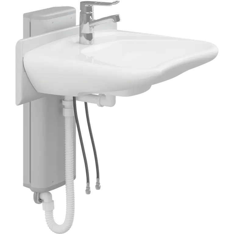 PLUS washbasin wall frame, electrically height-adjustable and MATRIX CURVE washbasin