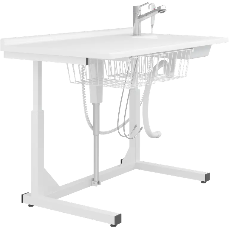 Vrijstaande aankleedtafel, elektrisch in hoogte verstelbaar, met wasvoorzieningen, incl. mengkraan met uittrekbare handdouche