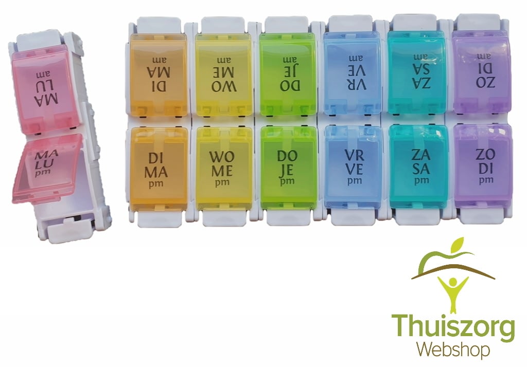 Boîte à médicaments colorée pendant une semaine avec des boutons-poussoirs pratiques