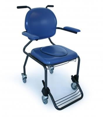 Chaise percée sur roulettes, vinyle bleu