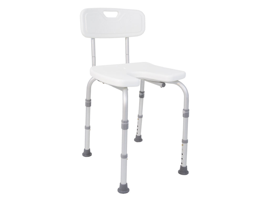 Shower chair, adjustable height, with recess