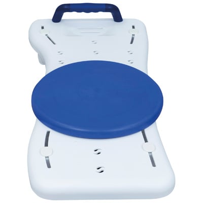 Width-adjustable bath board with integrated handle and swivel base