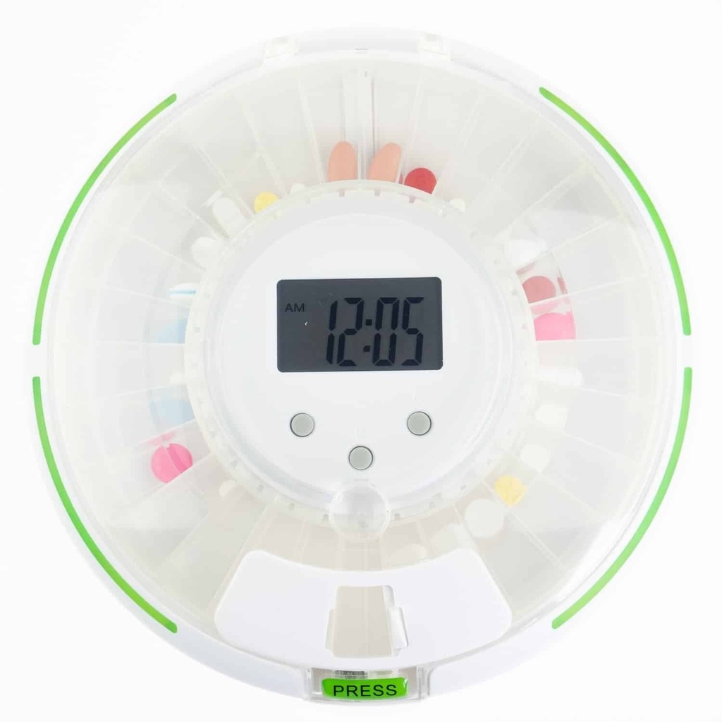 Secured medicine carousel with 6 alarms and green flashing border