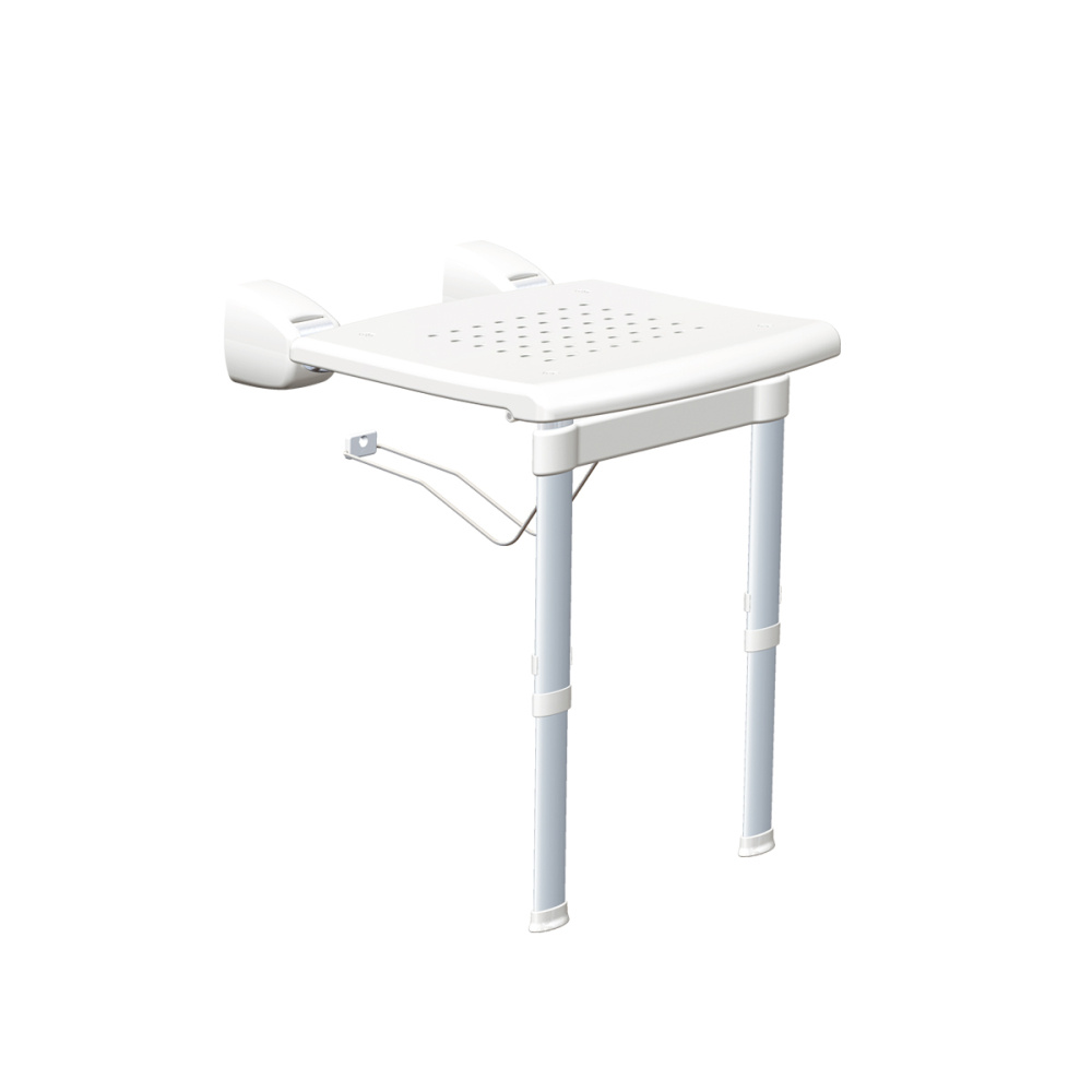 Folding shower seat with support legs