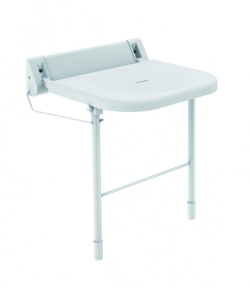 Folding shower seat with floor supports