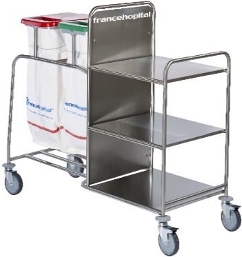 Chariot combiné linge sale-propre avec 2 couvercles rouges et verts et 2 pédales