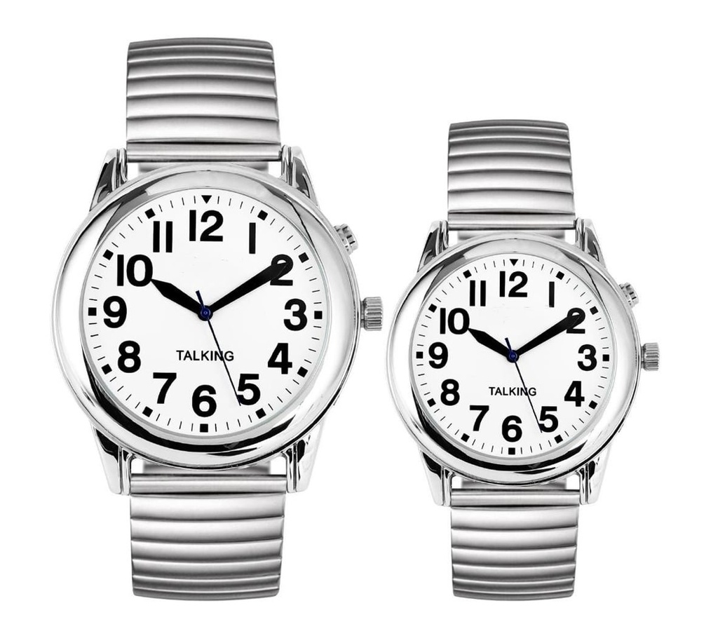 Montre analogique néerlandophone avec bracelet extensible en acier et 1 alarme - malvoyants (modèle femme/homme)