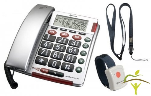 Telephone with large buttons and wireless SOS transmitter